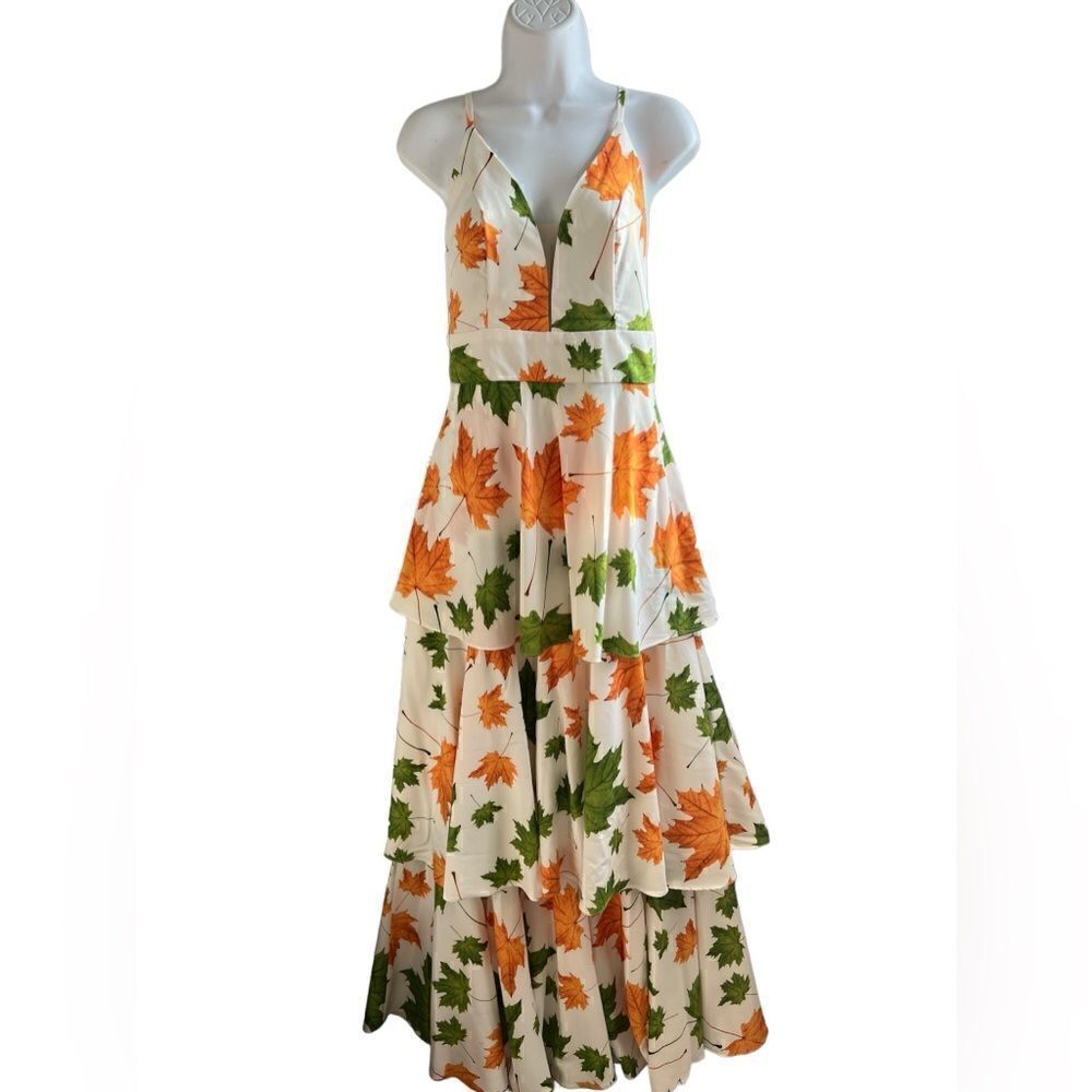 ORIANA RIVERA Tree Leaves Printed Maxi Dress in Fall Ruffles Size L.
